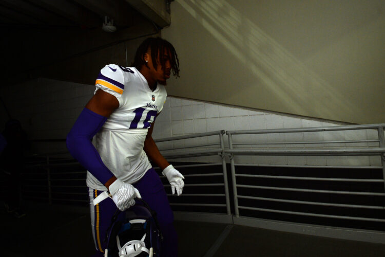 Justin Jefferson takes the field before facing Arizona at State Farm Stadium.