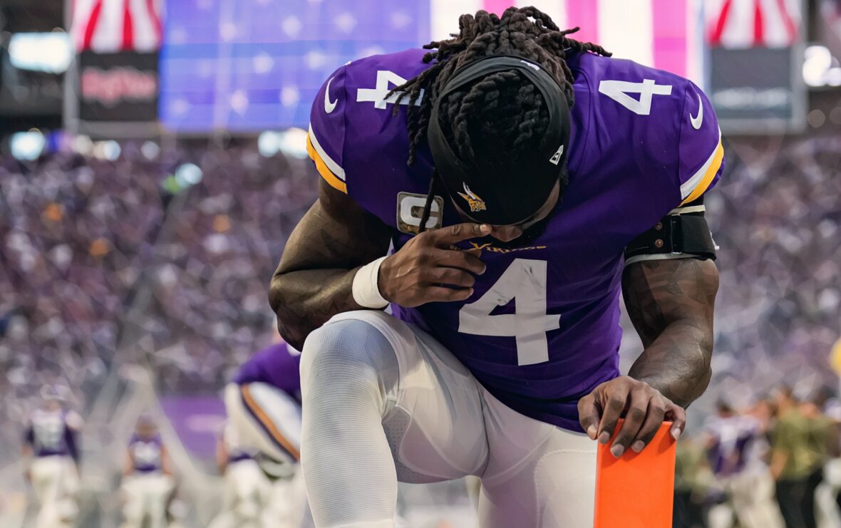 MINNEAPOLIS, MN - JANUARY 15: Minnesota Vikings running back Dalvin Cook  (4) looks on during the NFL game between the New York Giants and Minnesota  Vikings on January 15th, 2023, at U.S.