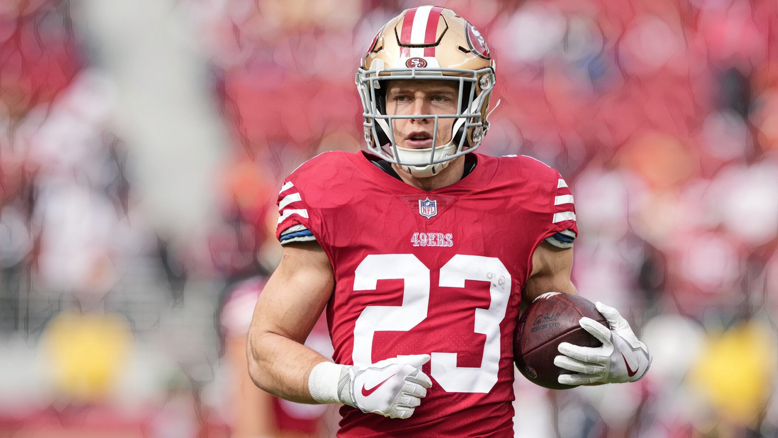 Dec 11, 2022; Santa Clara, California, USA; San Francisco 49ers running  back Christian McCaffrey (23) runs with the football during the third  quarter against the Tampa Bay Buccaneers at Levi's Stadium. Mandatory