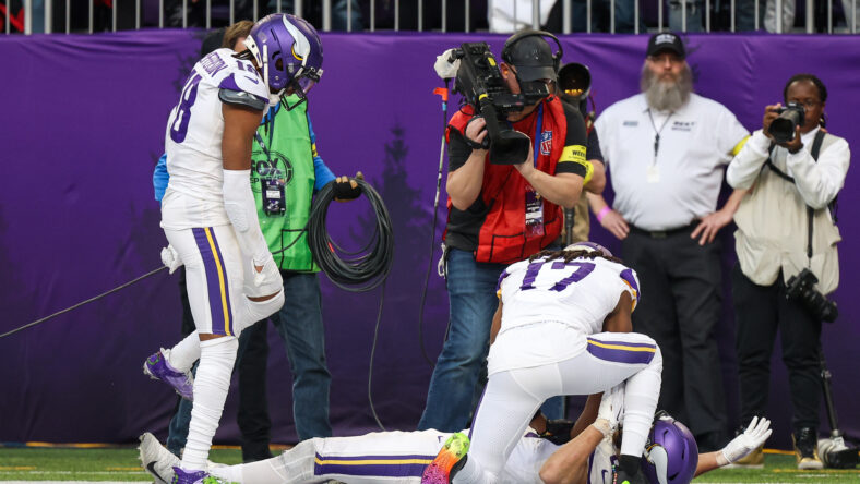 Minnesota Vikings tight end T.J. Hockenson celebrates with