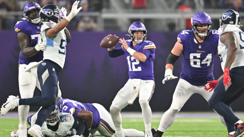 Minnesota Vikings offensive tackle Blake Brandel (64) looks at a