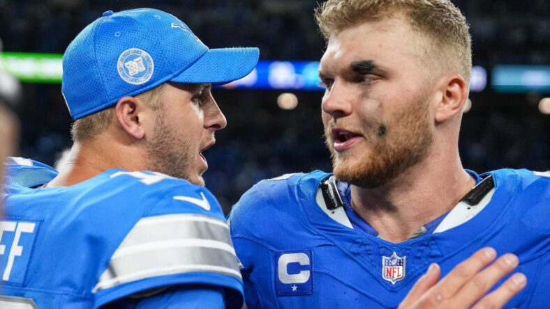 Jared Goff and Aidan Hutchinson celebrate Lions win over Rams in September 2024.