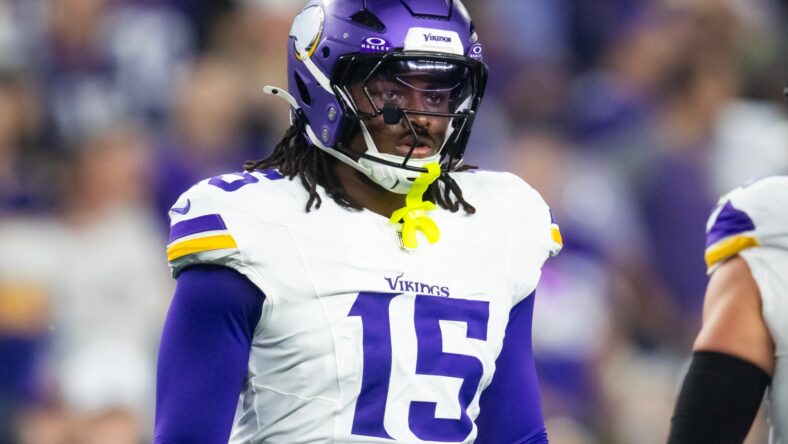 Vikings linebacker Dallas Turner lines up on defense during a playoff game against the Rams.