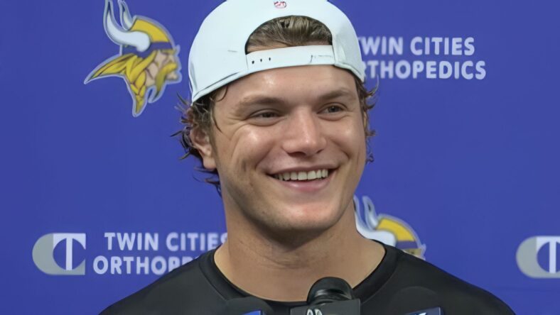 J.J. McCarthy chats with with reporters during 2025 Vikings OTAs.