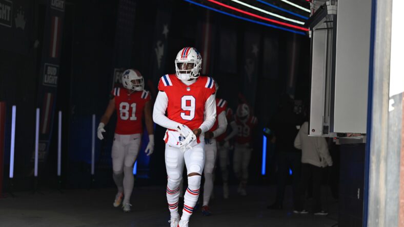 Kayshon Boutte walks out of the tunnel before the Patriots game against the Colts at Gillette Stadium on Dec. 1, 2024.