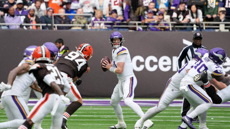 Carson Wentz looks to pass during the Vikings’ International Series matchup against the Browns in London.