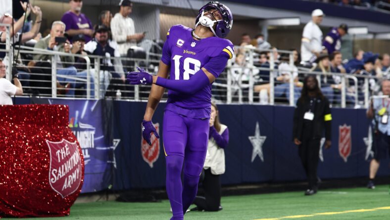 Justin Jefferson reacts during a game against the Cowboys. Justin Jefferson trade Bills.